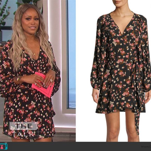 A.L.C. Carlo Silk‎ Wrap V Neck Floral Print Long Sleeve Mini Dress Size 14 Black - Picture 2 of 10